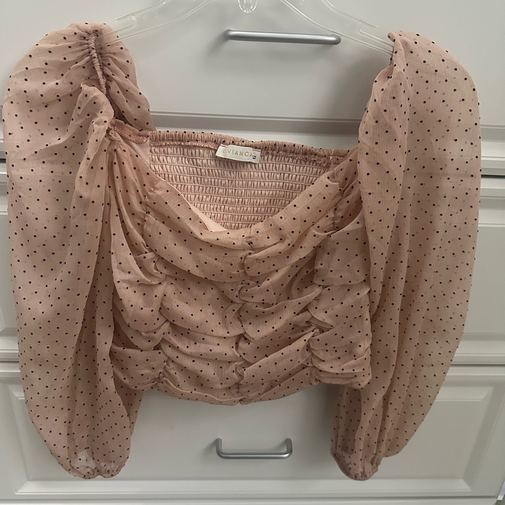 Pink Polka Dot Puff Sleeve Ruffle Crop Top